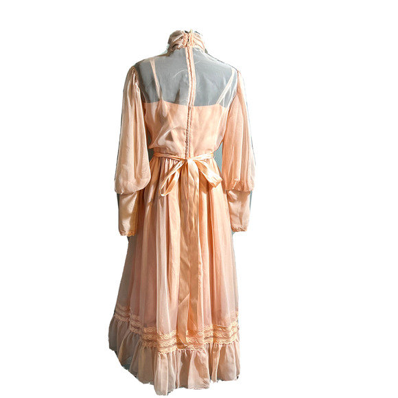 Vintage 70's Pink Victorian Lace Ruffles High Neck Prairie Long Sleeve Dress - Picture 2 of 9